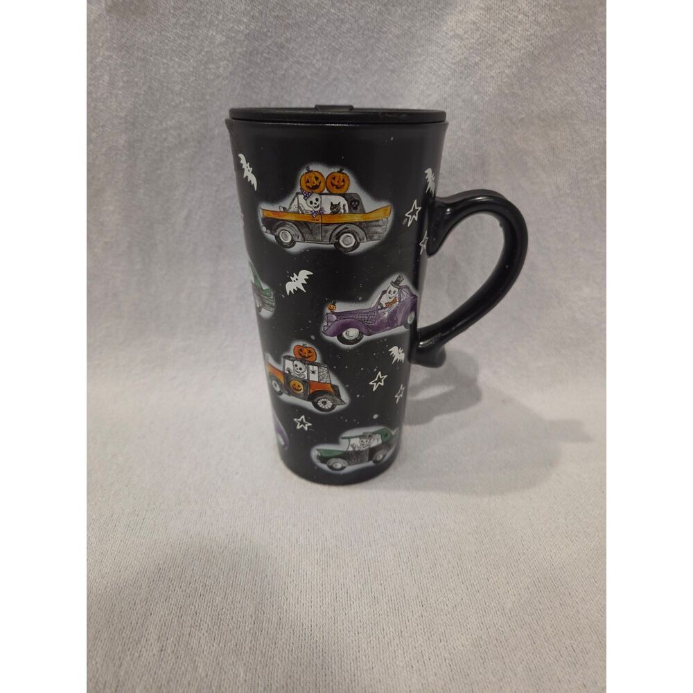 Cobwebs & Cauldrons Halloween Skeleton Vintage Car Ceramic Travel Mug Lid Cup